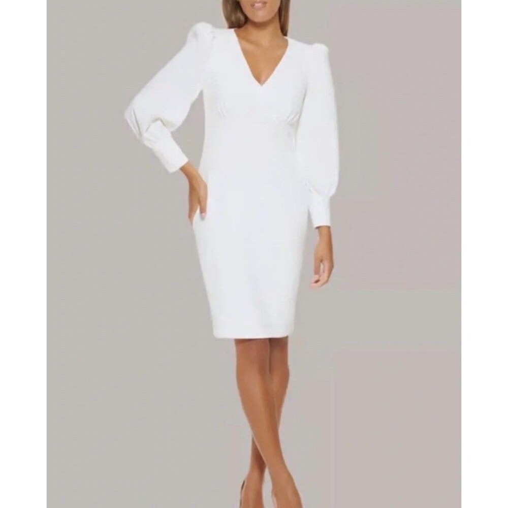 NWT Calvin Klein Dress 12 White Long Sleeve V-neck Puff Sleeve Wedding Career